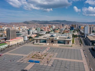 Aerial view of Sukhbaatar Square in center of Ulaanbaatar city, capital of Mongolia
